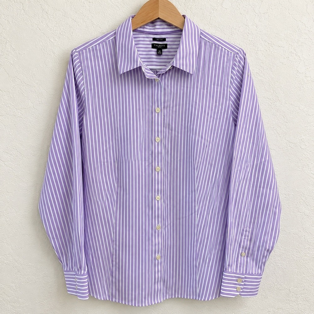 Talbots Petite Non-Iron Shirt 12P Purple White Striped Button Down Long Sleeve